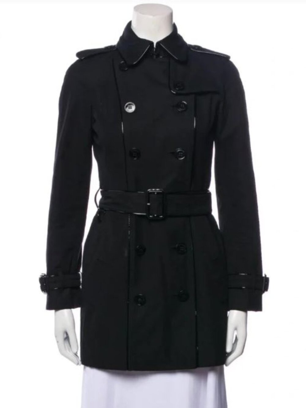 Burberry London Richmond Black Trench Coat Piping Made in UK Size US 4